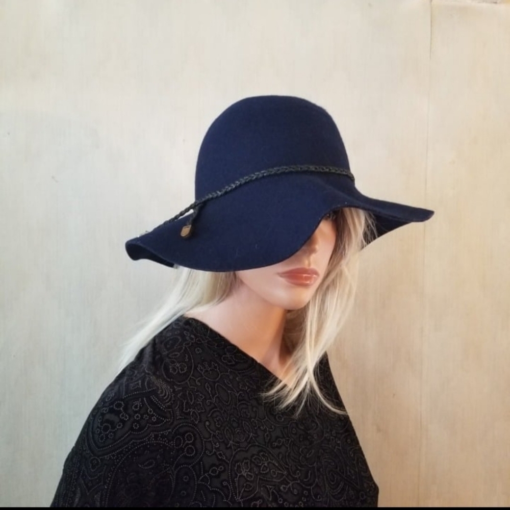 Dark Navy Blue Wide Brim Hat with Braided Band Ending in Gold Tabs Church Office